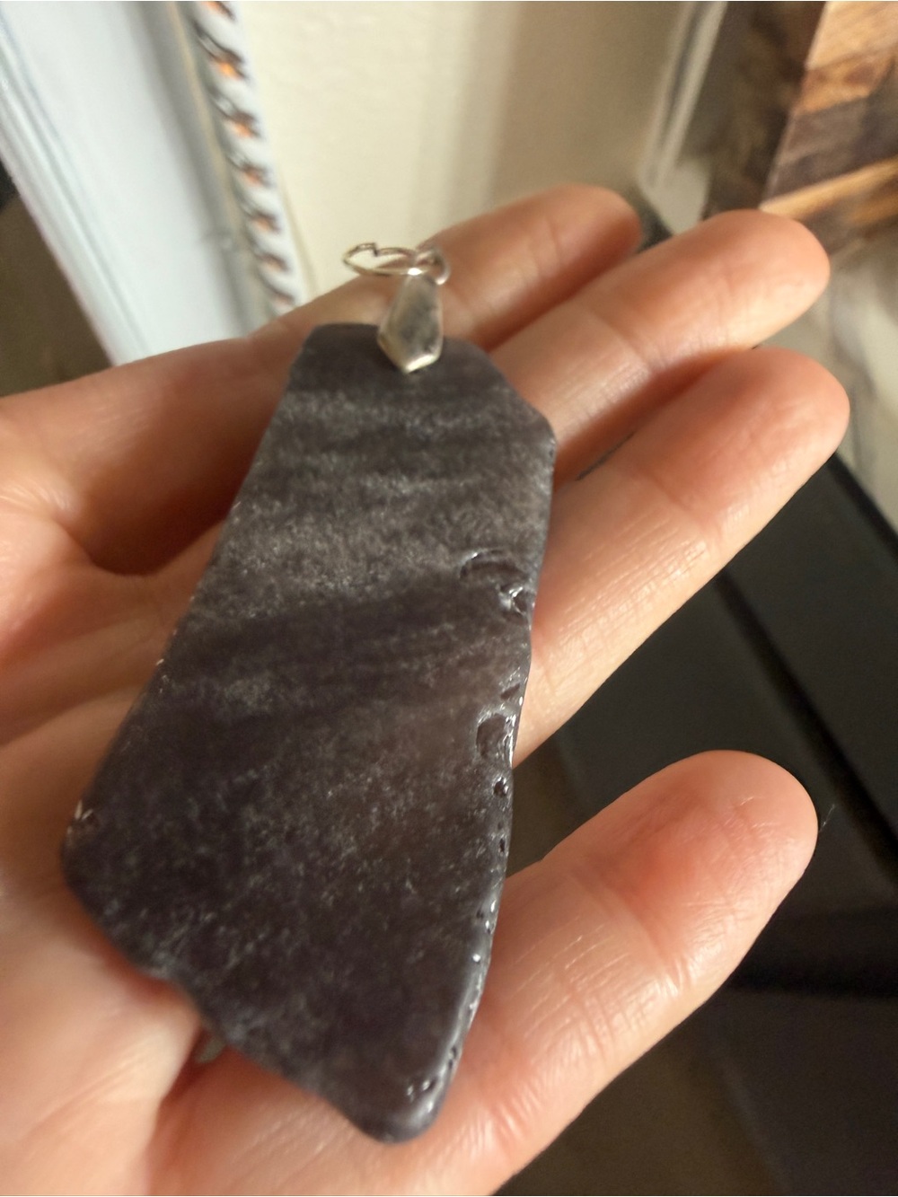Vintage Dark Smoky raw Stone silver wrapped Pendant Necklace boho festival